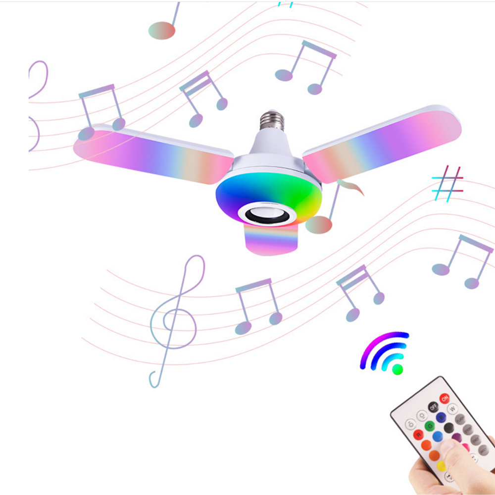 Bluetooth ミュージックライト RGB 四つ葉扇形 50 ワット E27 LED 電球リモコン付き折りたたみ電球スマートスピーカーランプ AC85-265V