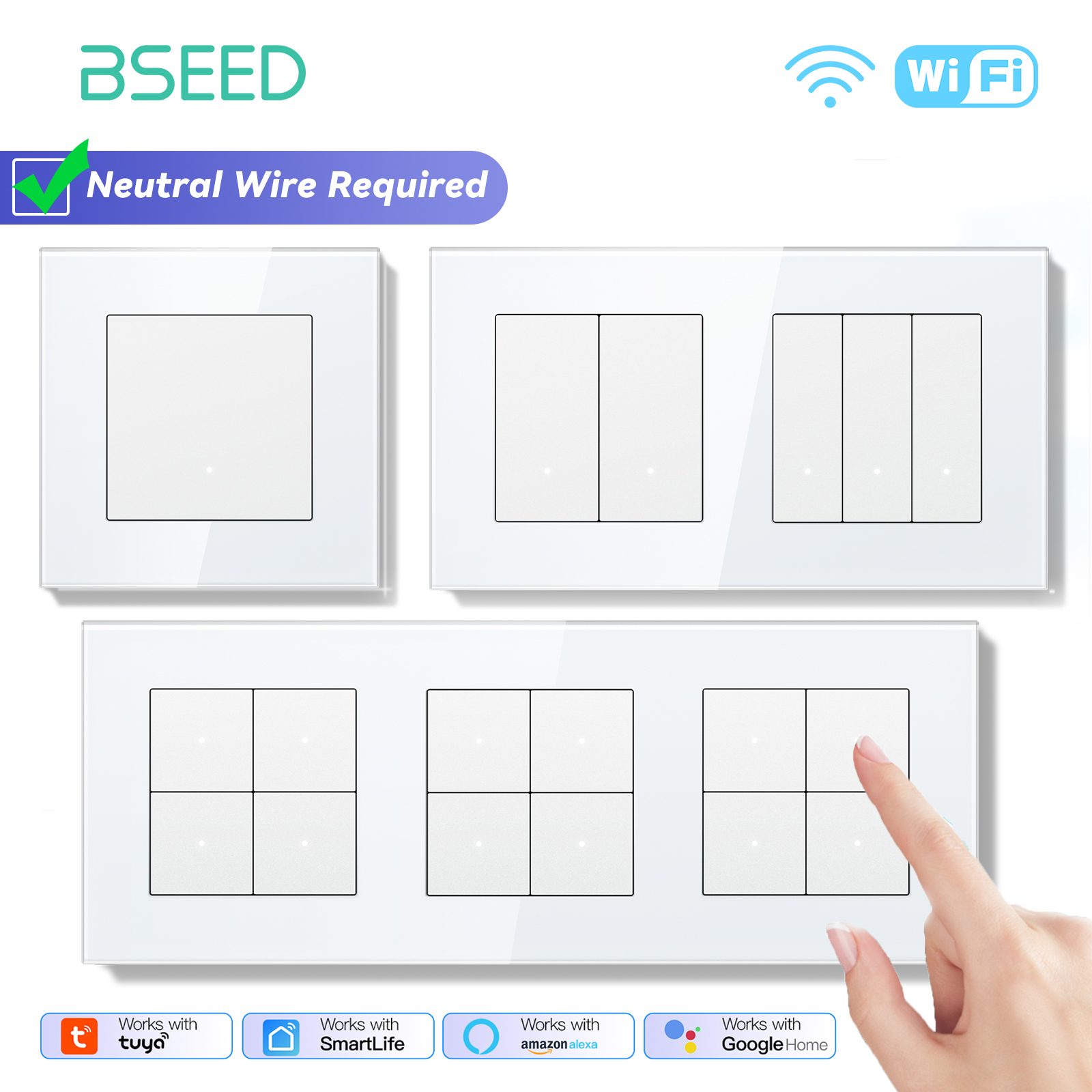 BSEED WIFI ライトスイッチ 1/2/3/4 ギャング 2Way スマートクリックボタンスイッチガラスパネル白色 LED インジケータ Tuya スマートライフ Alexa 制御