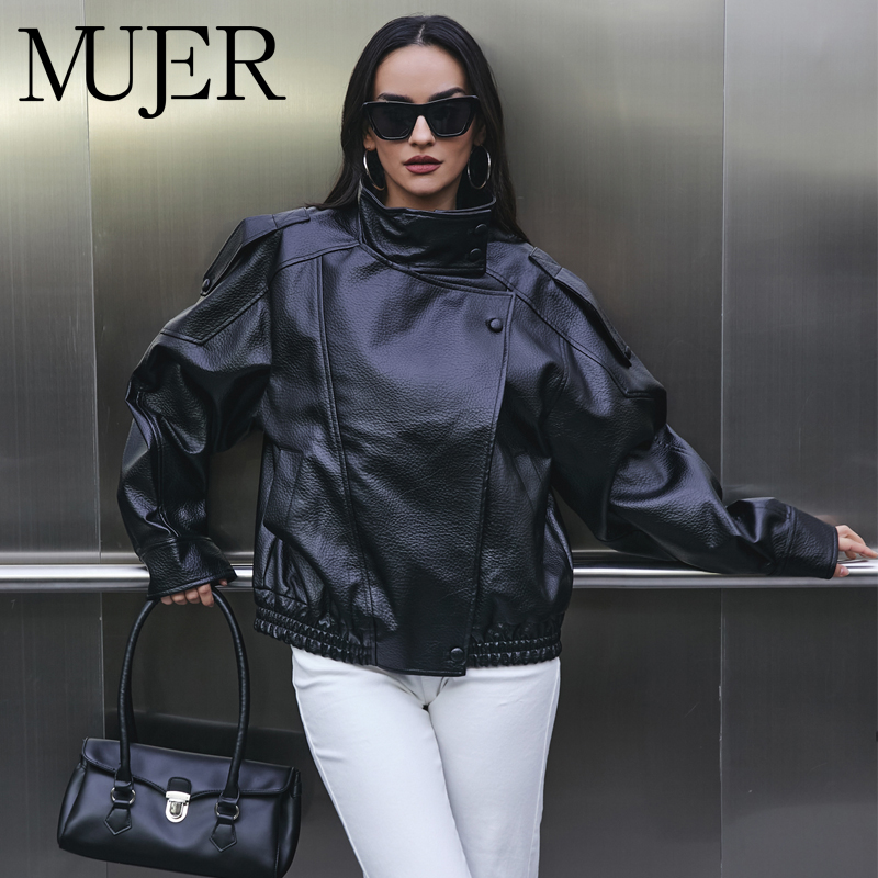 Mujer フェイクレザーの女性のジャケット黒オーバーサイズボンバージャケット女性のためのアウターウェア冬のオーバーコート女性のファッションジャケット女性