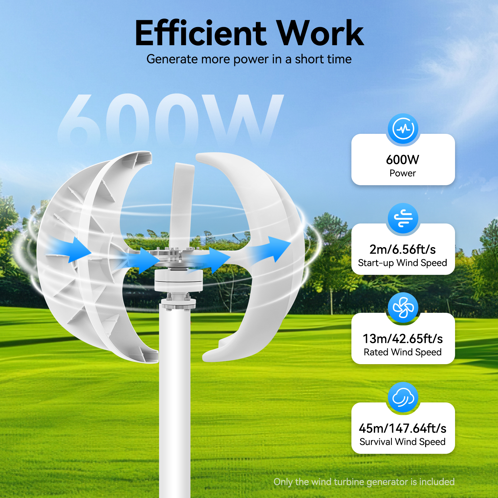 風力タービン発電機 600W 24V フランジとコントローラー付き、ホワイトランタン垂直軸家庭用風力発電システム