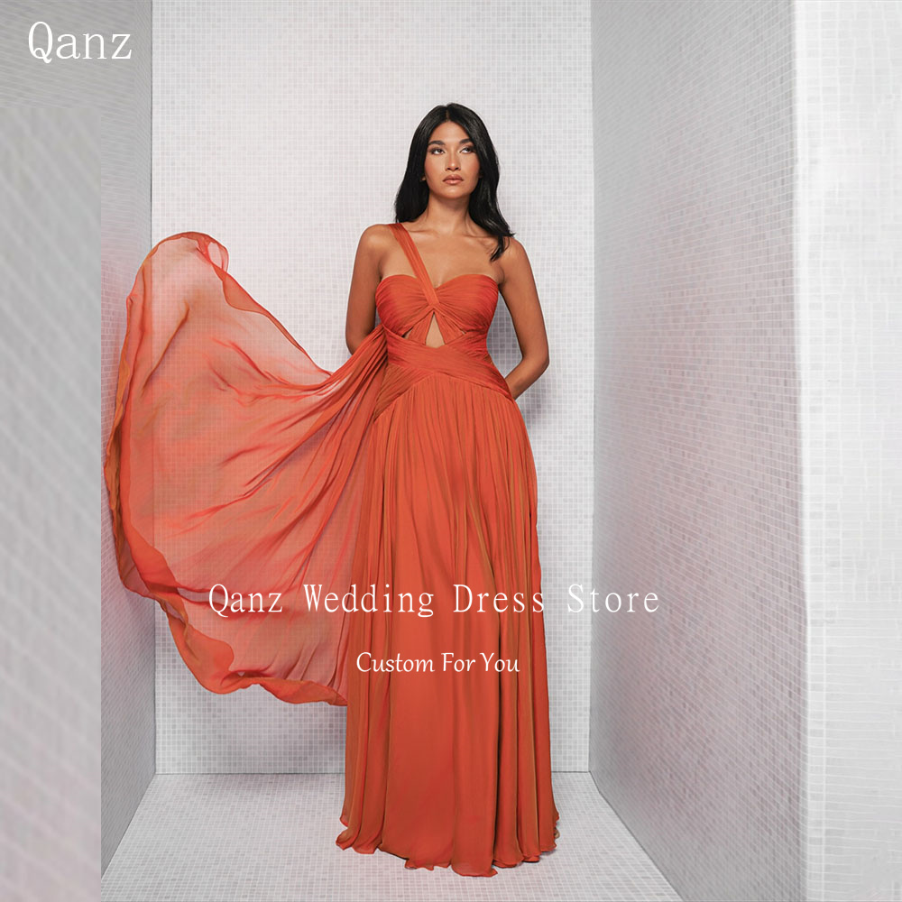 Qanz オレンジシフォンイブニングドレスワンショルダーロング A ラインエレガント Vestidos デガラデノーチェフォーマルドレス女性カスタマイズ