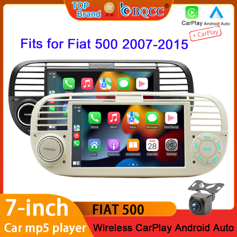 BQCC7 インチ車 MP5 プレーヤーフィアット 500 07-15 ワイヤレス CarPlay Android 自動 USB FM AM RDS サポートオリジナルステアリングホイール制御