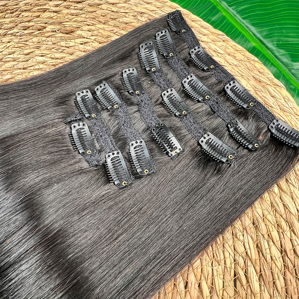 クリップインヘアエクステンション人毛ベトナム骨ストレートクリップ自然な黒色クリップイン生髪 100 グラム/個女性のための