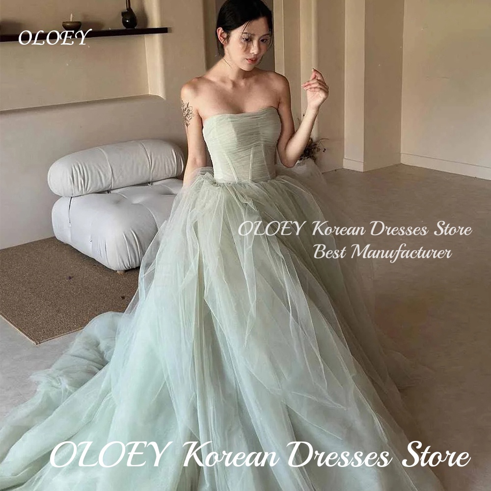 OLOEY 2026 フェアリーミントグリーンのストラップレスのウェディングドレスふくらんチュールブライダルガウン写真撮影用 Vestidos Novias Boda 女性カスタマイズ
