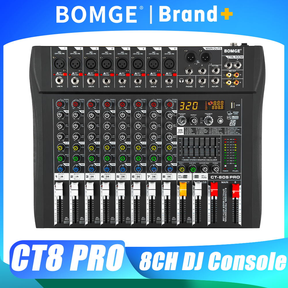 BOMGE プロフェッショナル 8 チャンネルオーディオミキサー DJ コンソール 320 DSP Bluetooth USB 48V ファンタム電源 7 バンド EQ REC 出力 Aux カラオケ