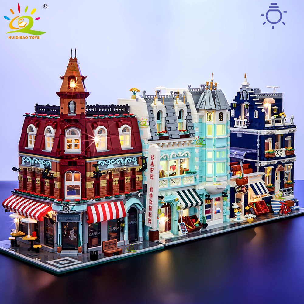 HUIQIBAO おもちゃ MOC シティコーナーコーヒーショップ建築スタイルストリートビューマイクロビルディングブロック子供のための建設レンガ
