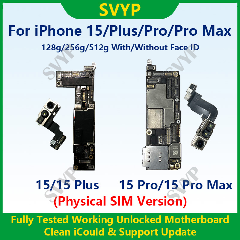 iPhone 15 Pro Max マザーボード用の完全にテストされた本物のメインボード、Face ID ロック解除およびクリーニング済みの iCloud Pysics SIM バージョン付き