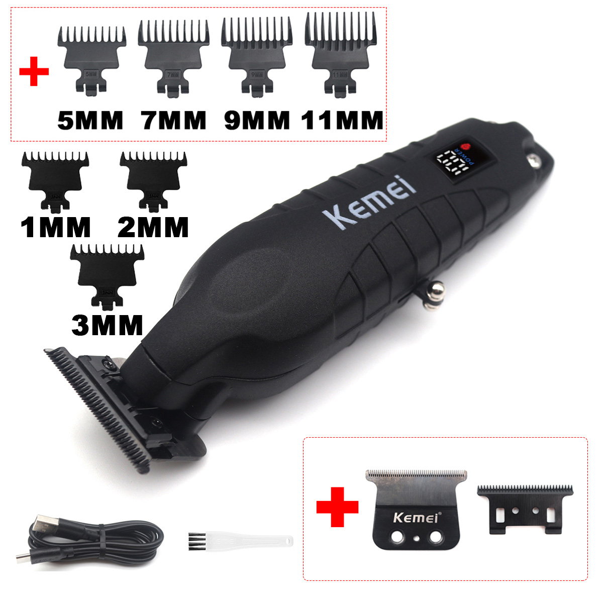 Kemei KM-2293 DLC T ブレードプロフェッショナル仕上げ機ゼロギャップクリッパー USB LED ディスプレイフルメタルヘアトリマーマシン