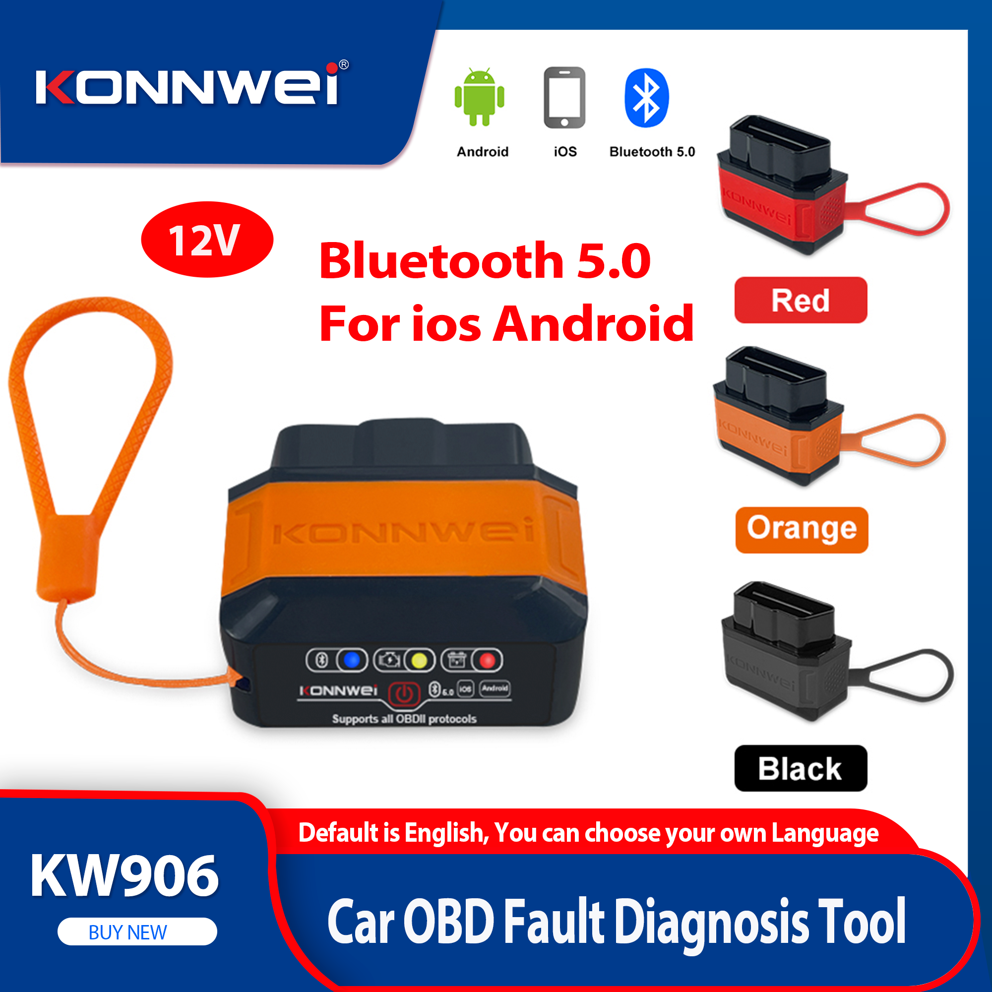 2026 KONNWEI KW906 ELM327 12V Bluetooth 5.0 IOS Android V1 5 OBD2 スキャナー自動車診断ツールコードリーダー pk Vgate iCa2