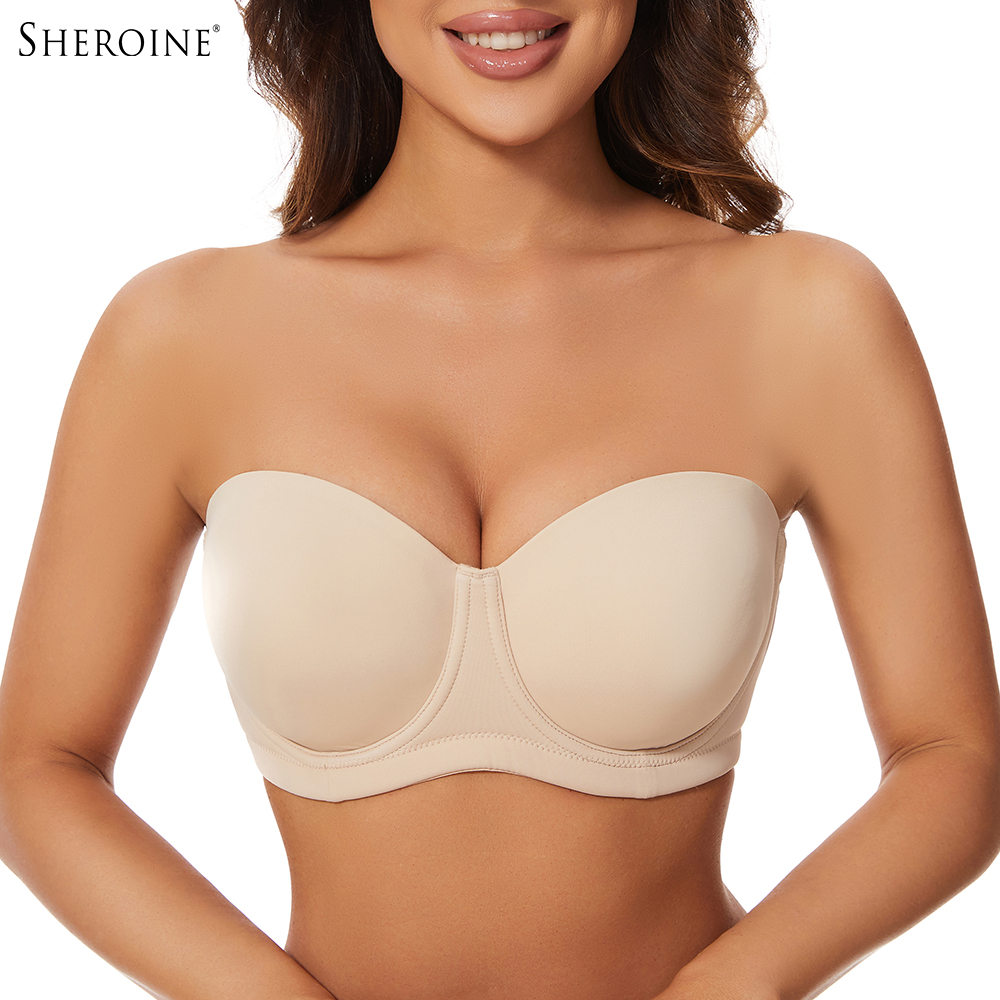 Sheroine プラスサイズ ストラップレス プッシュアップ ブラ アンダーワイヤー マルチウェイ フルカバー 軽いパッド入りブラジャー 大きな胸を快適にサポート