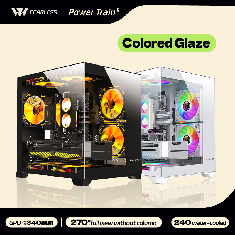 パワートレイン カラーグレーズ PC ケース シービュールーム 270°フルビュー カラムなし デスクトップシャーシサポート 240 ウォータークーラー