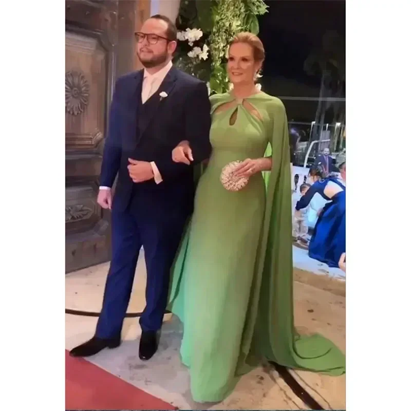 Elegant Green Chiffon Mother Of The Bride Dress Cape Sleeves Evening Party Gowns Backless Wedding Guest Formal  Prom Dresses