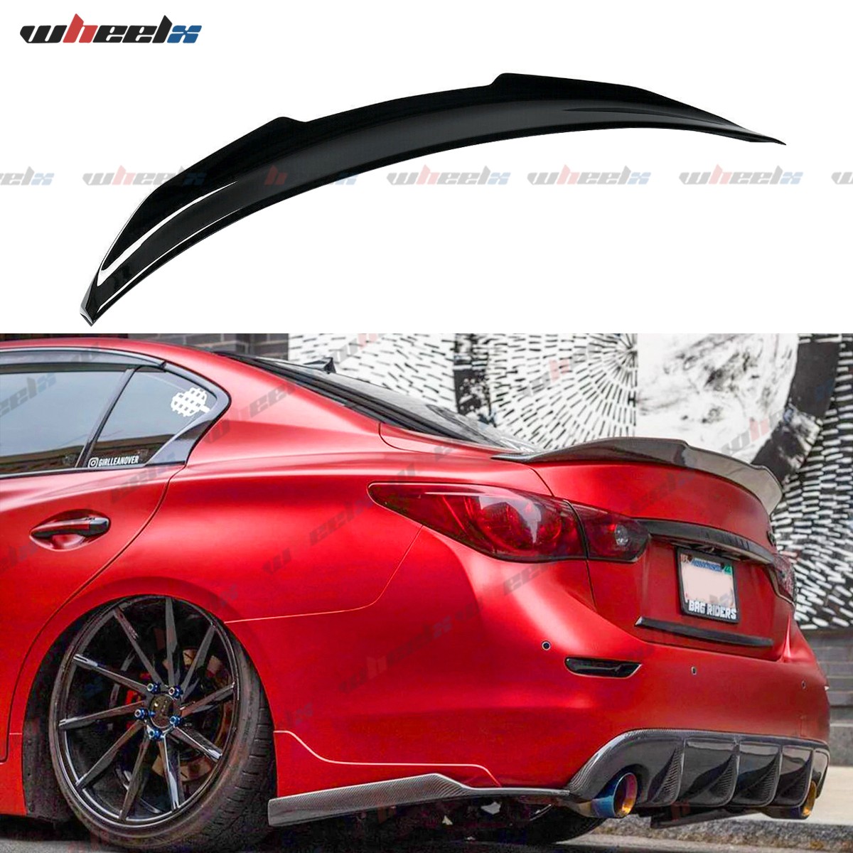 2014-24 インフィニティ Q50 ハイキック PSM スタイル リアトランクスポイラーウィング 光沢のあるブラック/カーボンファイバールック
