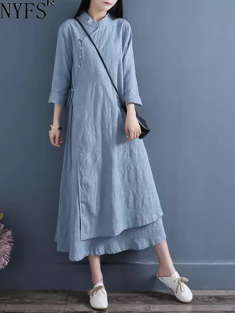 NYFS 2026 春秋の新レディースドレス Vestidos ローブ Elbise ルーズプラスサイズコットンリネン二層ロングドレス