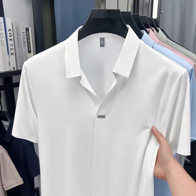メンズ半袖ワンピースアイスシルク襟ドレスシャツスリムフィット通気性トップス出張ホリデーパーティー外出