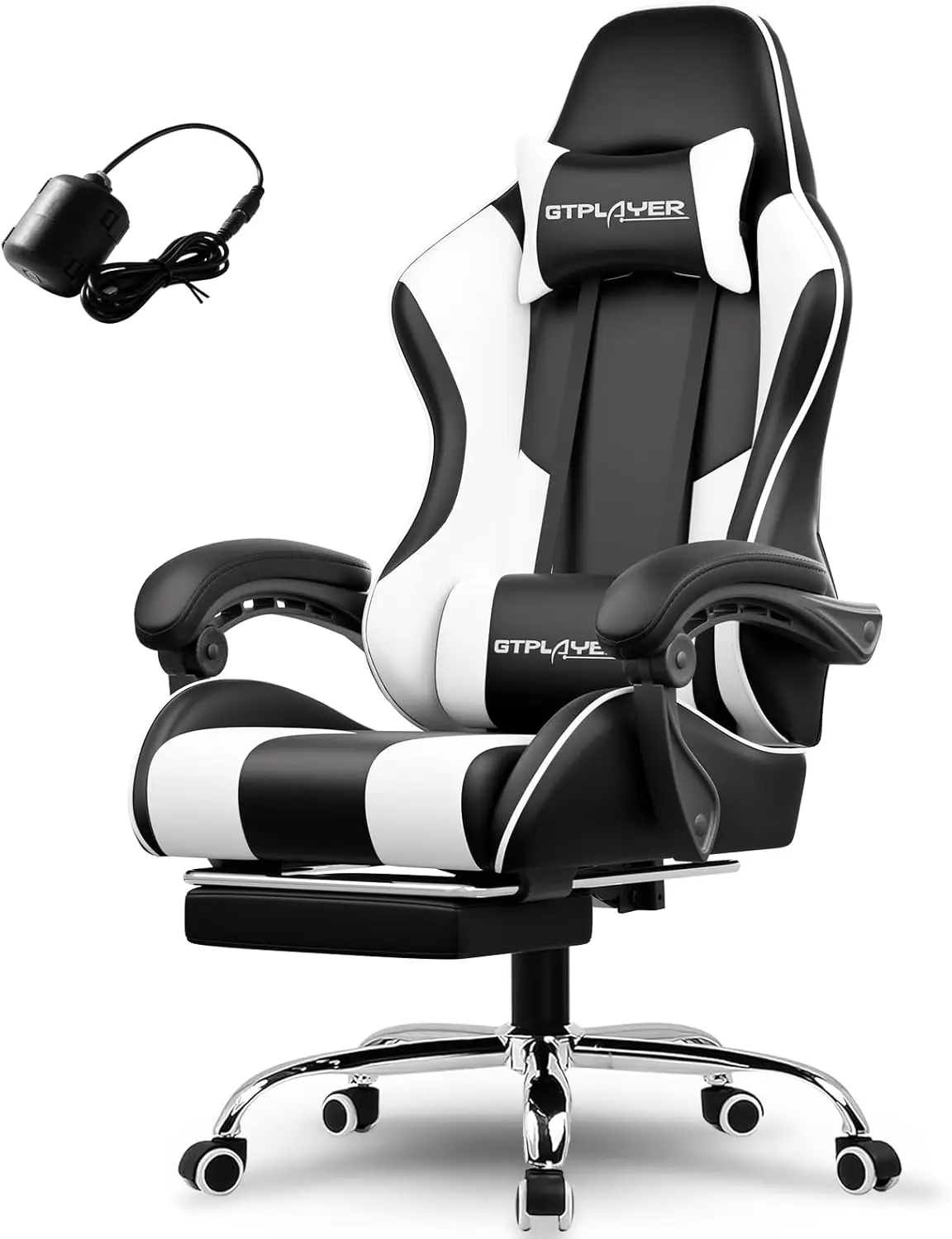 ゲームチェア、フットレストとランバーサポート付きコンピューターチェア、360°回転シートとヘッドレスト付きの高さ調節可能なゲームチェア
