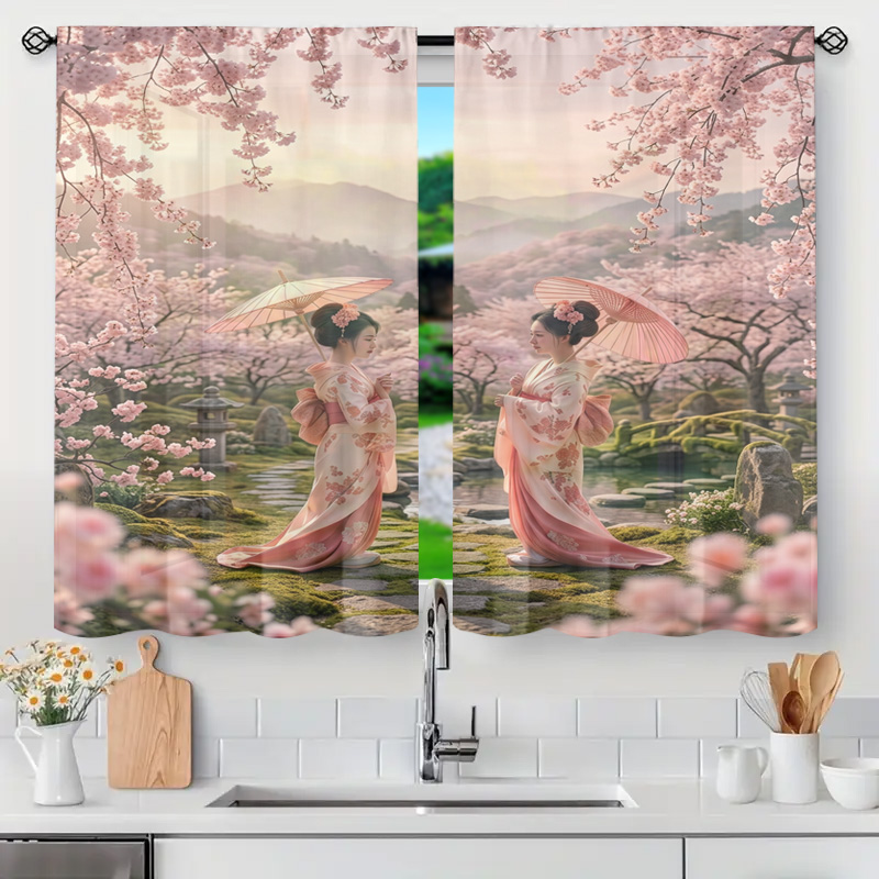 半透明の桜さくら日本のカーテンウィンドウドレープ芸者プリント薄手のパネルロマンチックな春の光フィルタリングアジア