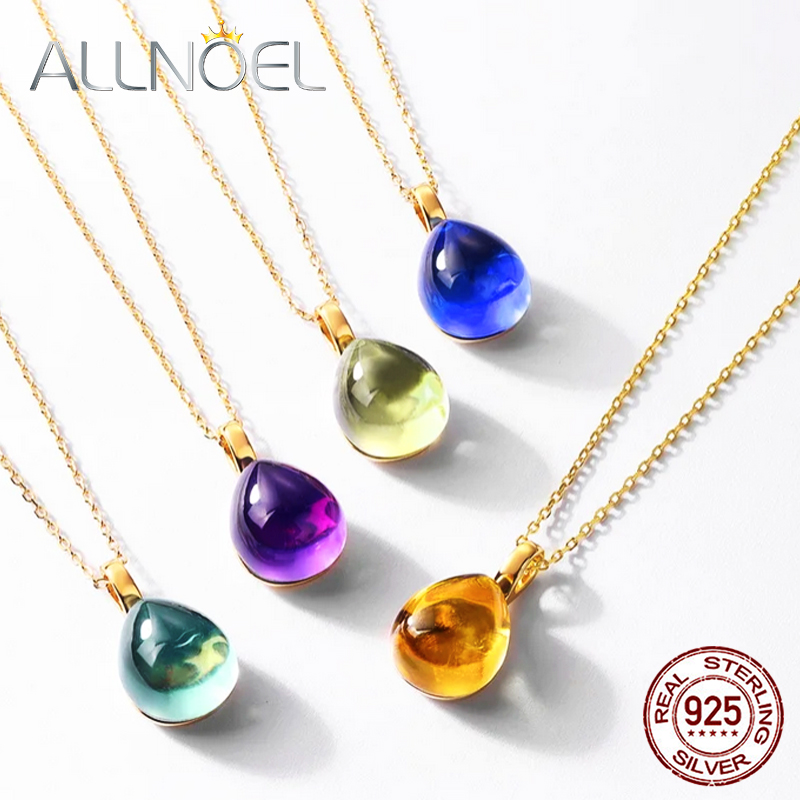 ALLNOEL 925 スターリングシルバー 10 18K ゴールドメッキクリスタルカラーネックレスペンダント女性のための象嵌ウォータードロップペンダント新しいパーティーギフト