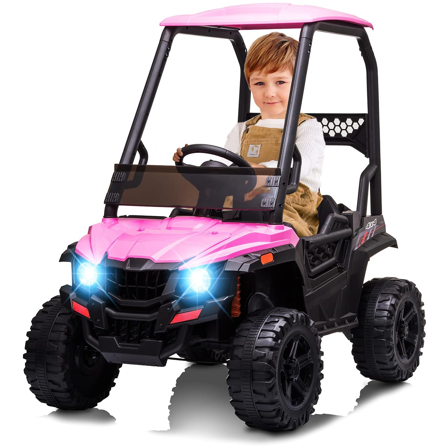 12V ライドオン UTV 車 子供用 バッテリー駆動 ライドオンカーおもちゃ 幼児電気自動車 リモコン付き、4輪スプリングサスペンション、LEDライト、音楽付き