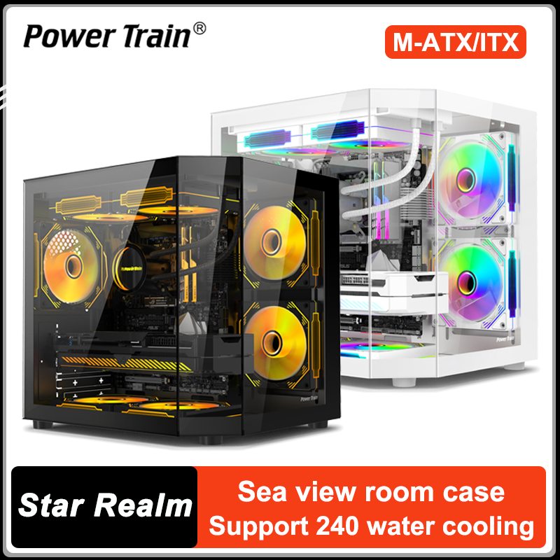 パワートレインスターレルム M-ATX デスクトップコンピュータケース柱なし三面ガラスパノラマシービュールーム 240 水冷