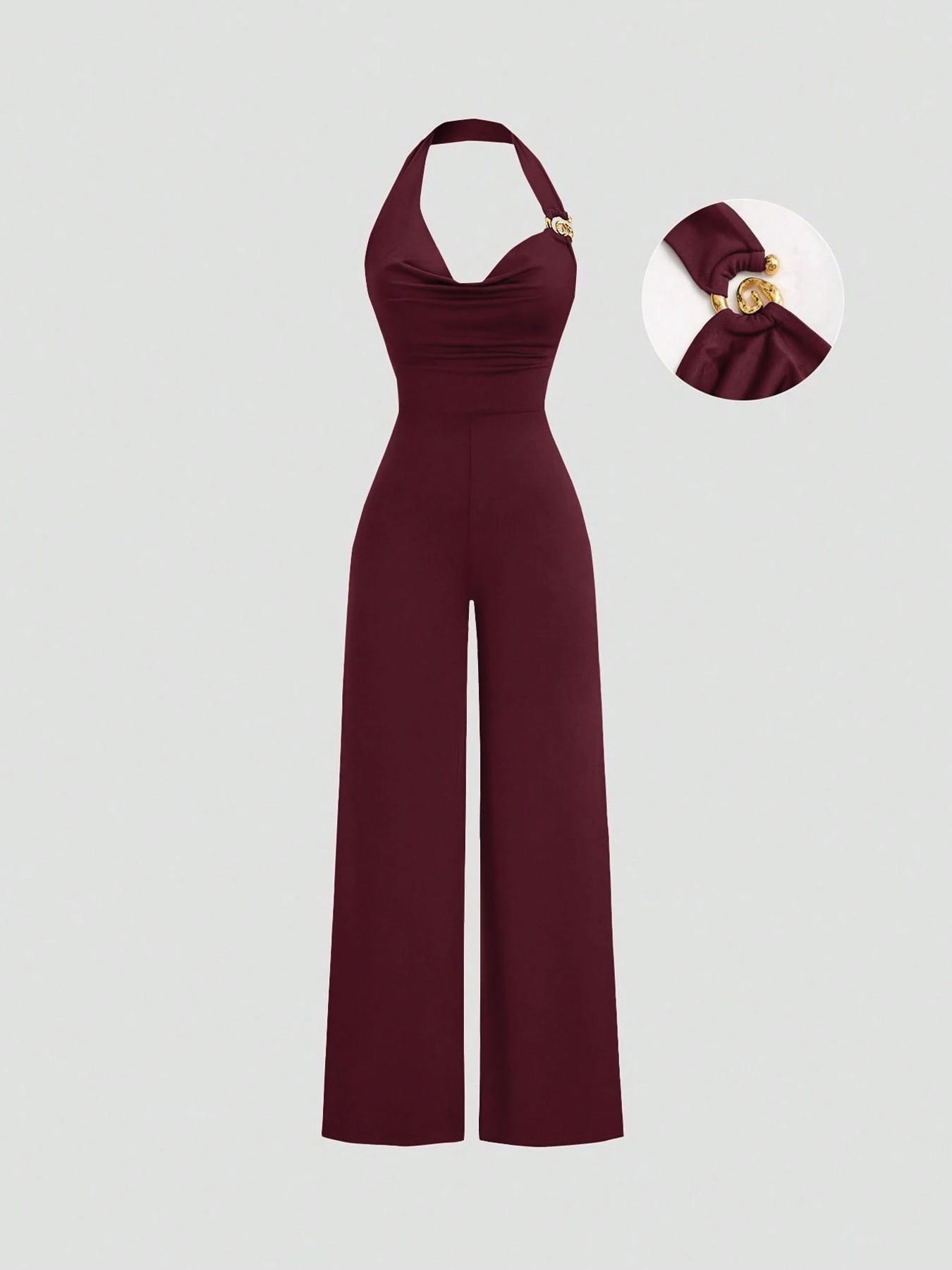 Women's Slim Fit Jumpsuit Backless Halter Casual Daily Commuting Outfit Fashionable Metal Decor