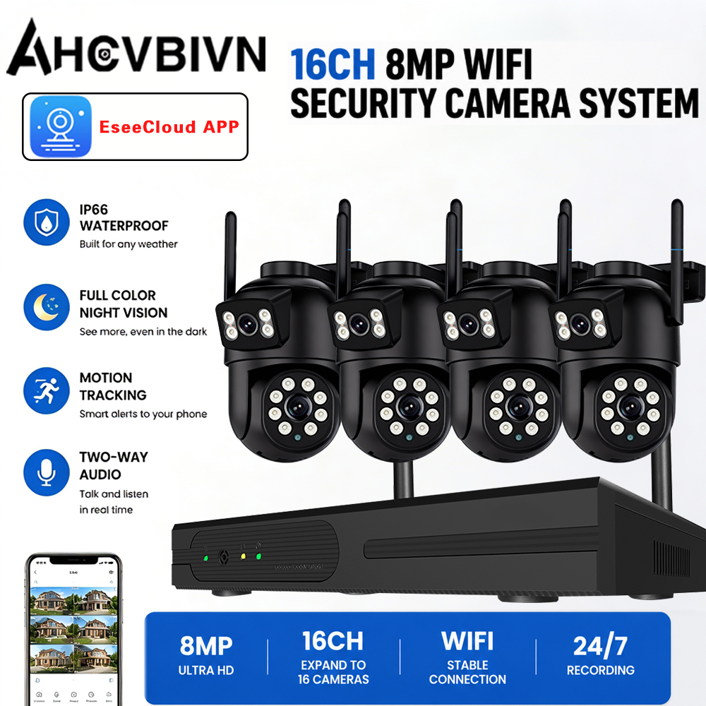 16CH 8MP 4K PTZ カメラ NVR セキュリティシステム デュアルレンズ超広角双方向オーディオ AI 人間追跡屋外 WiFi CCTV キット