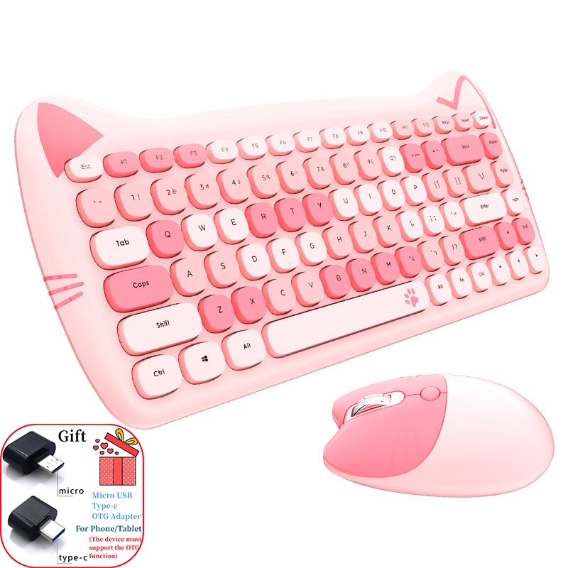 MOFII かわいい猫 2.4 グラムワイヤレスキーボードとマウスセットかわいい口紅パンクキーボードとマウスコンボラップトップ PC ホームオフィス用