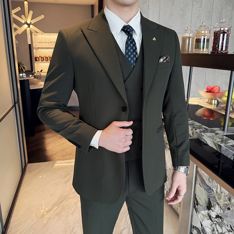 スリムフィット 3 点セット韓国スタイル 2 ボタン花婿の付添人フォーマル結婚式ビジネス スーツハンサム新郎ベストマンドレス高-