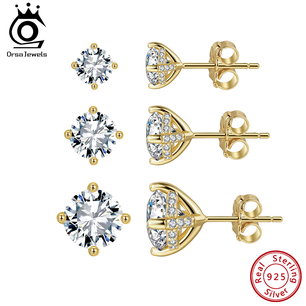 ORSA JEWELS S925 シルバー 4 爪ラウンドモアッサナイトイヤリング女性のための光沢のある D カラーモアッサナイトイヤリングパーティージュエリー MOE10