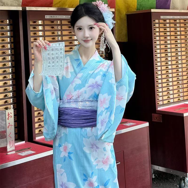 夏ブルー着物女性の伝統的な日本の浴衣古代アジアの衣装カーニバルビーチパーティーコスプレローブガウン着物