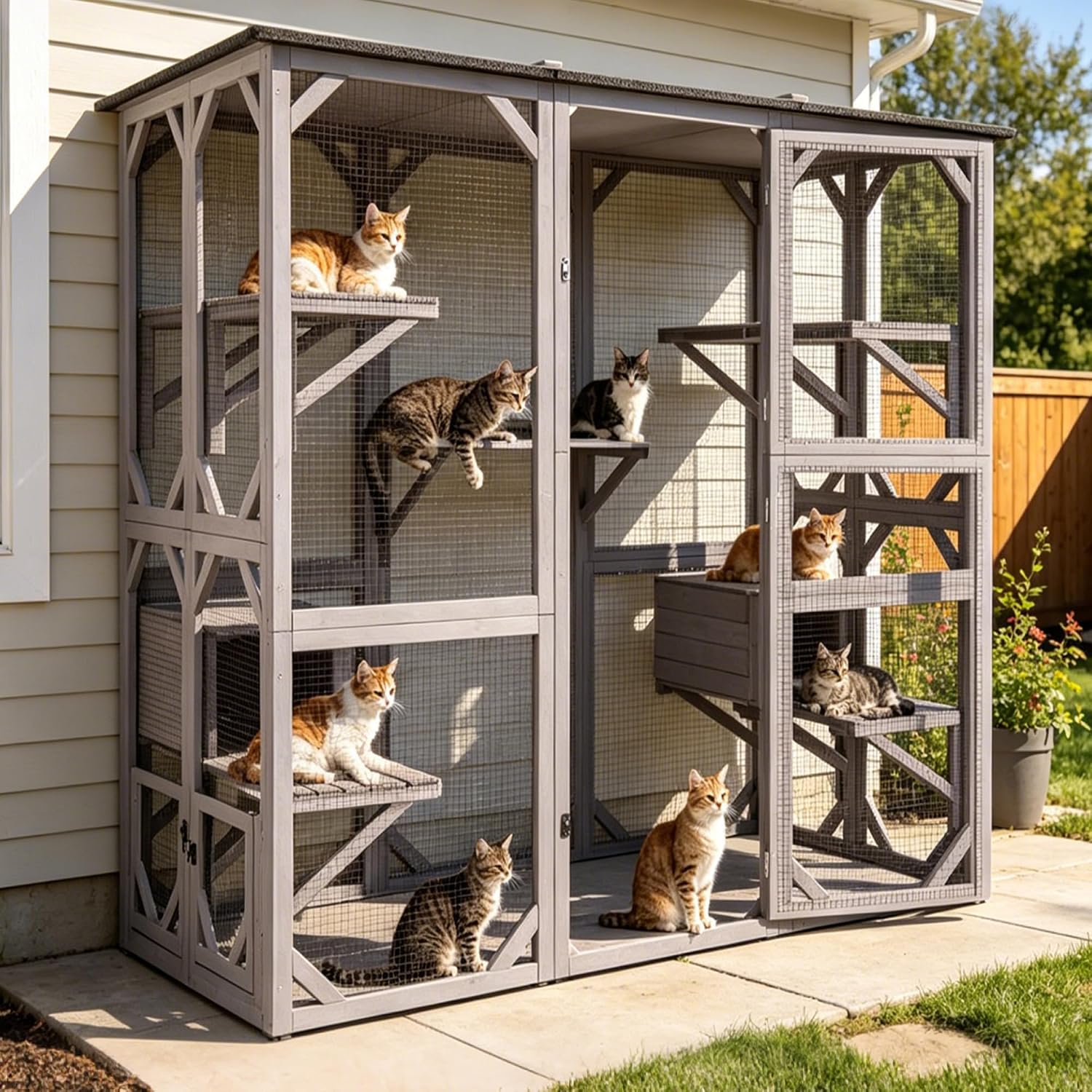 大型キャットハウス カティオ 屋外猫囲い 高さ71インチ 木製屋内キティケージ 3段キティコンドミニアム ウォークインドア付き カスタム