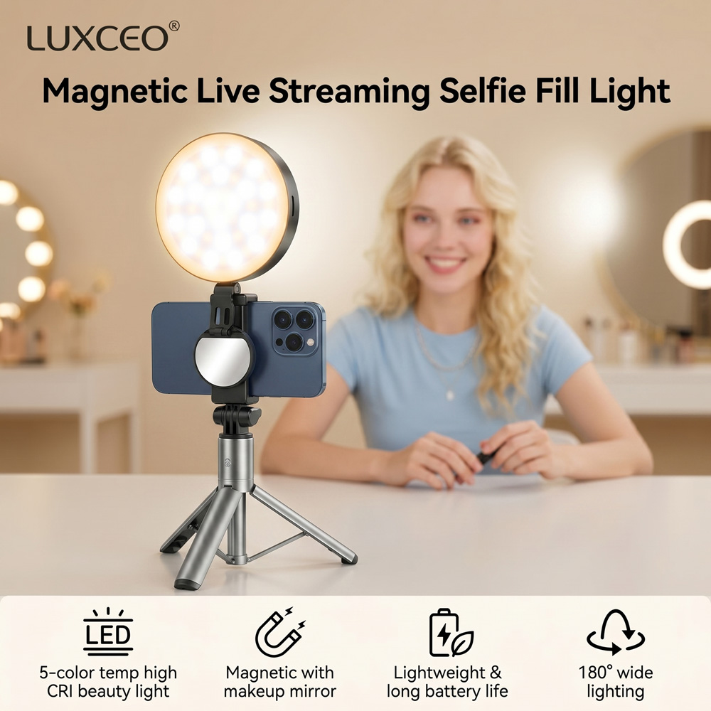 LUXCEO 磁気電話補助ライト 5 調整可能な色 CRI95 80LM 充電式 Selfie ライト メイクアップ Vlog ライブストリーム用