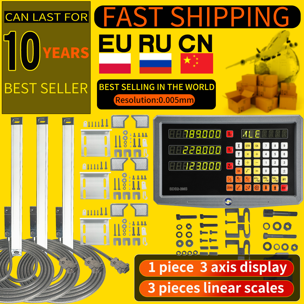 SDS3MS 3 Axis DRO KIt Digital Readout Display And 3PCS 5μm/1μm Linear Scales Encoder Grating Ruler 70-1000mm For Lathe Milling