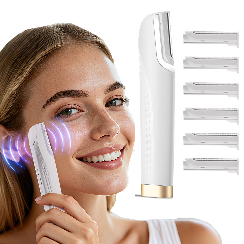 電動ソニックダーマプレーニングカミソリ 女性用 顔の角質除去 ヘアリムーバー LED ポータブルシェーバー 6つのカッターヘッド付き 肌用