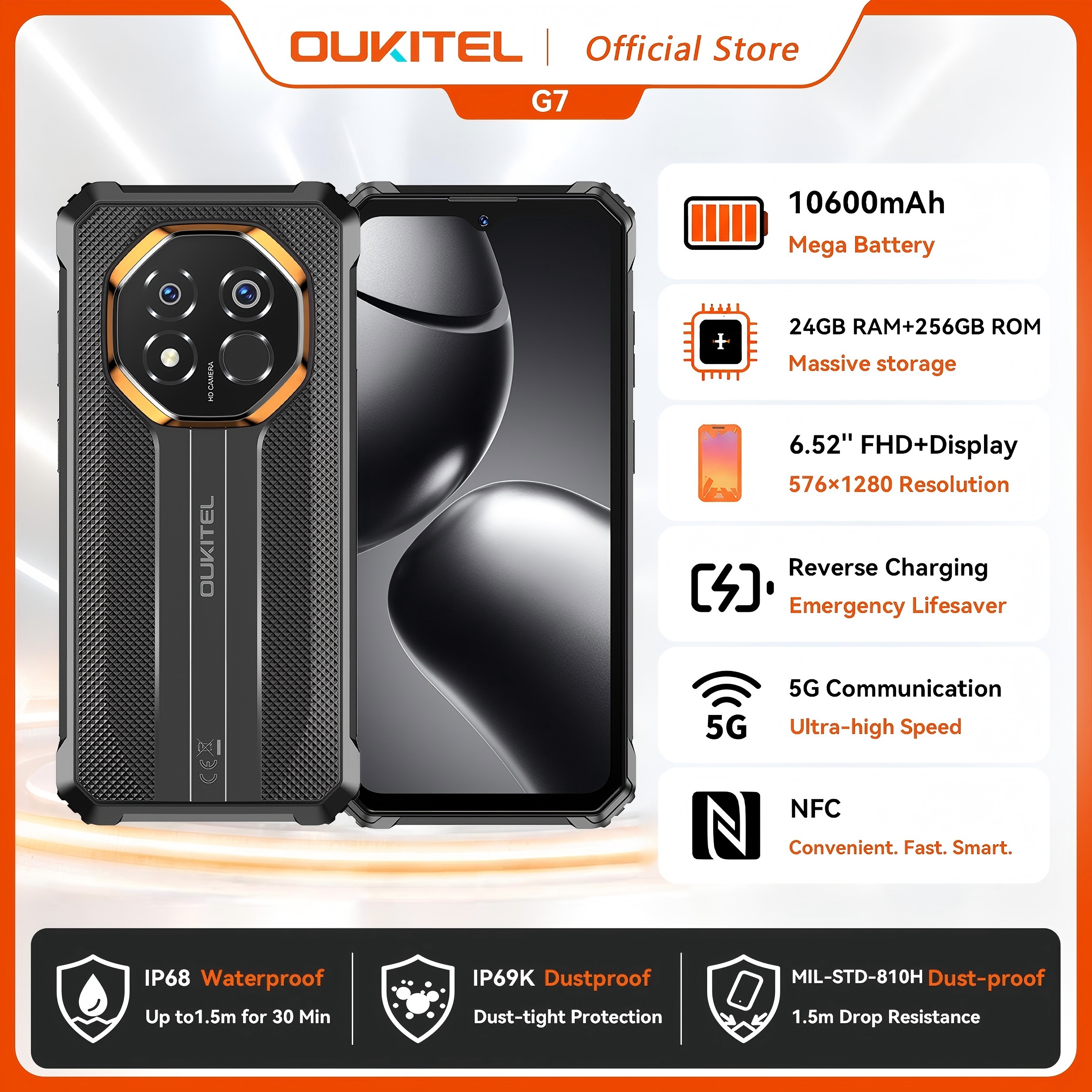 OUKITEL G7 10600mAh 頑丈なスマートフォン 24GB (8 16) 256GB、6.52 インチディスプレイ 64MP カメラ、IP68 防水、NFC Android 16 スマートフォン