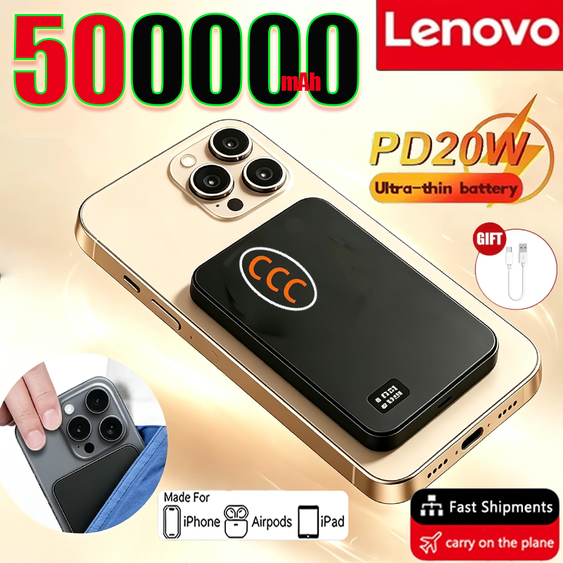 Lenovo 500000mAh PD22.5W Wireless Ultra-Slim Magnetic Power Bank Fast Charging for Magsafe External Battery For Xiaomi iPhone