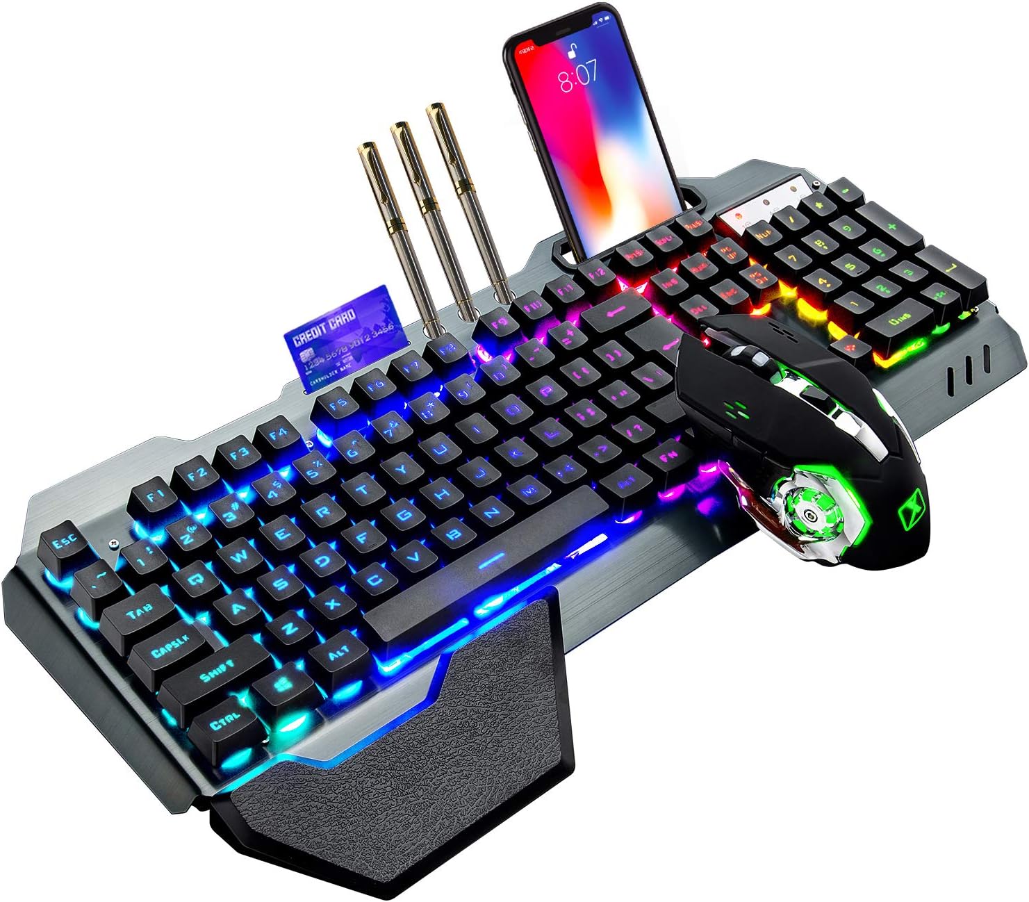 K680 ワイヤレスゲーミングキーボードとマウスのコンボ、充電式 3800mAh バッテリーメタルパネル付きレインボー LED バックライト付きキーボード
