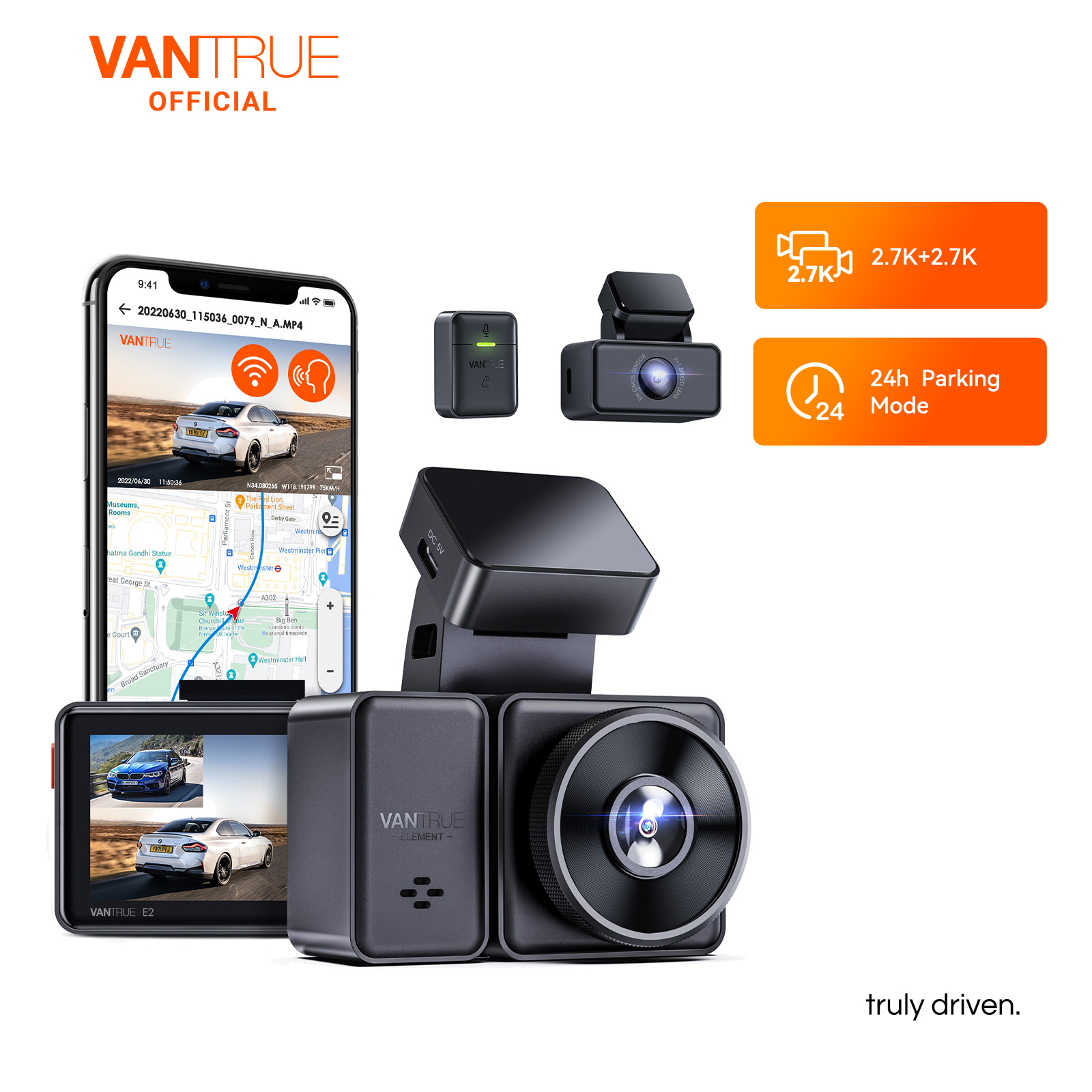 Vantrue E2 ダッシュカム フロントおよびリア 2.7K 2.7K デュアルダッシュカメラ 音声制御 WiFi GPS ナイトビジョン 2.0 24H 駐車モード