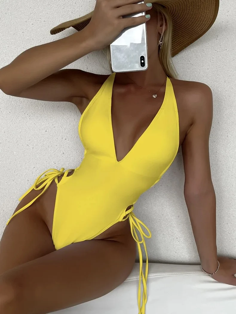 ファッションソリッドディープ V ネックワンピース Swim2025 夏のファッションソリッドイエローホワイトレディースディープ V ホローアウト包帯ワンピース水着水着モノキニビーチウェアスーツ女性イエローホワイトホローアウト Pl