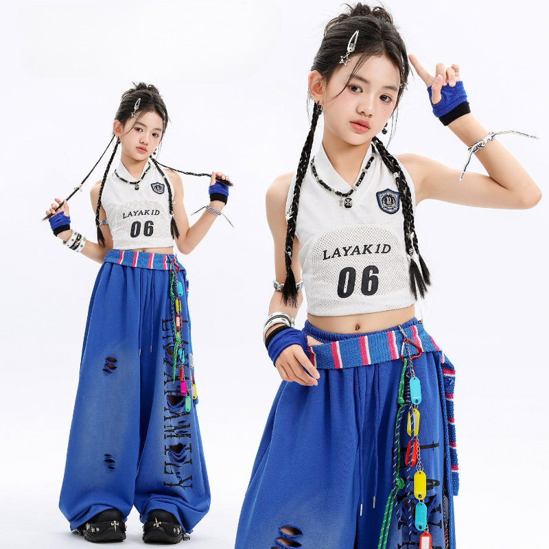 ファッションガールズ K-POP ホワイトベストトップストリートダンスリッピングパンツクールヒップホップストリートジャズグループステージパフォーマンス服セット