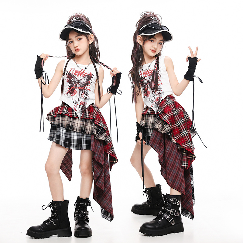 女の子ジャズステージ衣装ヒップホップダンス衣装 K-POP パフォーマンス服子供ストリートダンススーツ白ベストトップ不規則なスカート