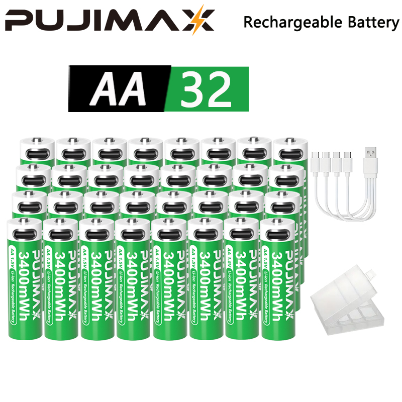PUJIMAX 32/20/16/8 パック AA 3400mWh 充電式リチウム電池、1.5V Type-C ポート経由で充電、1200 回リサイクル可能、リモコン、ドアベル、カメラ、カミソリ、電源リモコンに最適