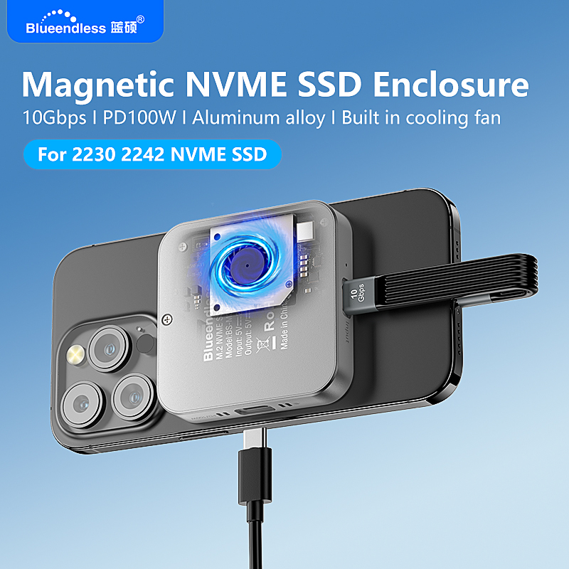 Blueendless 磁気 M2 2230 2242 NVMe SSD エンクロージャ冷却ファン付き 100 ワット PD 充電タイプ C NVMe PCIE ssd ケース Iphone Mac 用