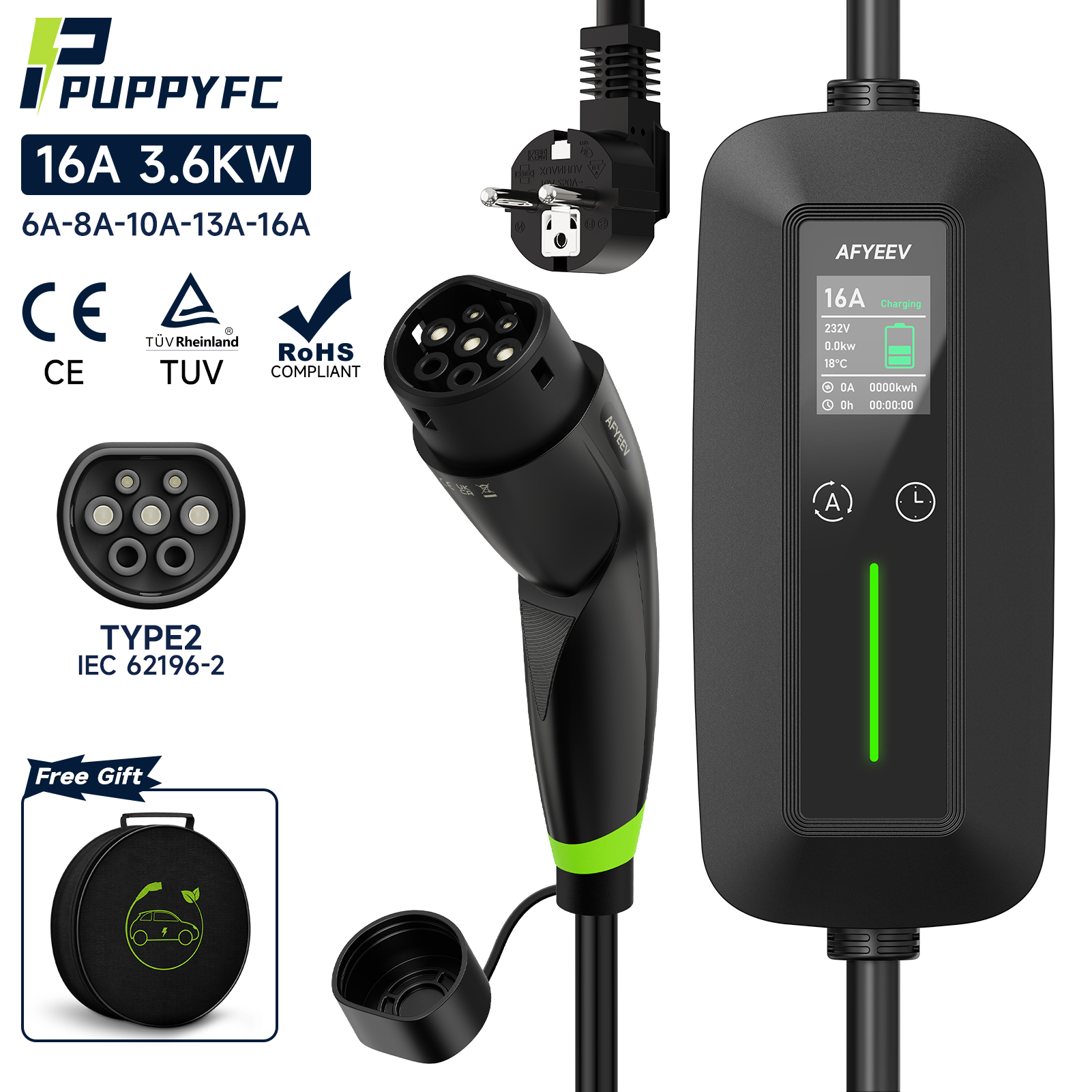 Puppyfc 16A 3.6KW EV ポータブル充電器 Type1 Type2 GBT EVSE IEC62196-2 車のウォールボックス充電ステーション電気自動車用