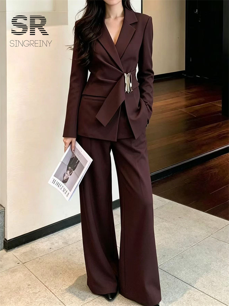 SINGREINY シニアファッション女性スーツ 2026 秋 V ネックシャーリングサッシスリムブレザーワイドレッグパンツレギュラーフィットオフィスレディ 2 個セット
