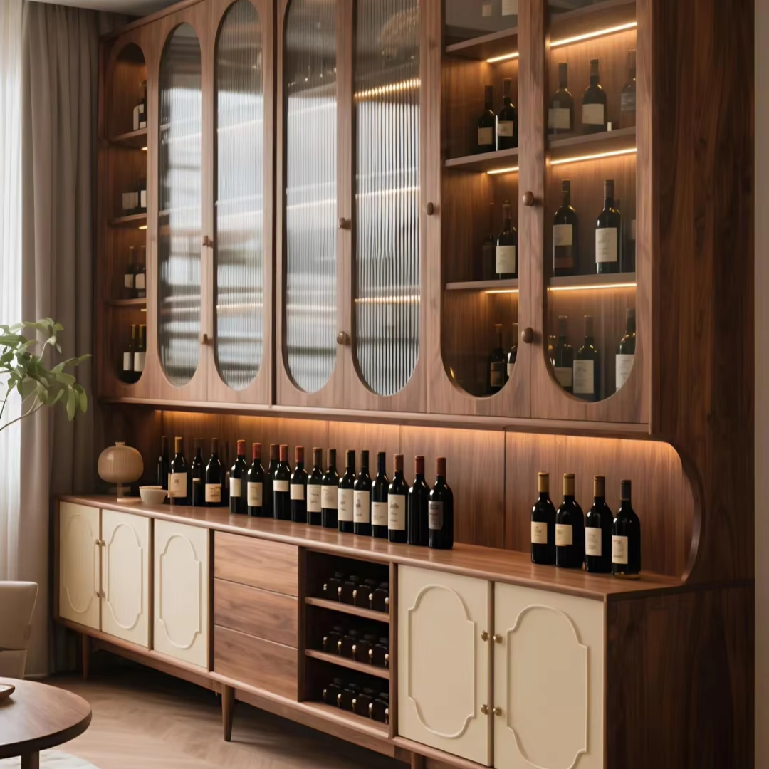 OEM Custom Unique Display Wooden Bar Cabinet Family Living Room Wine Cellar Furniture With Wood Panel Style Wine Racks Cooling