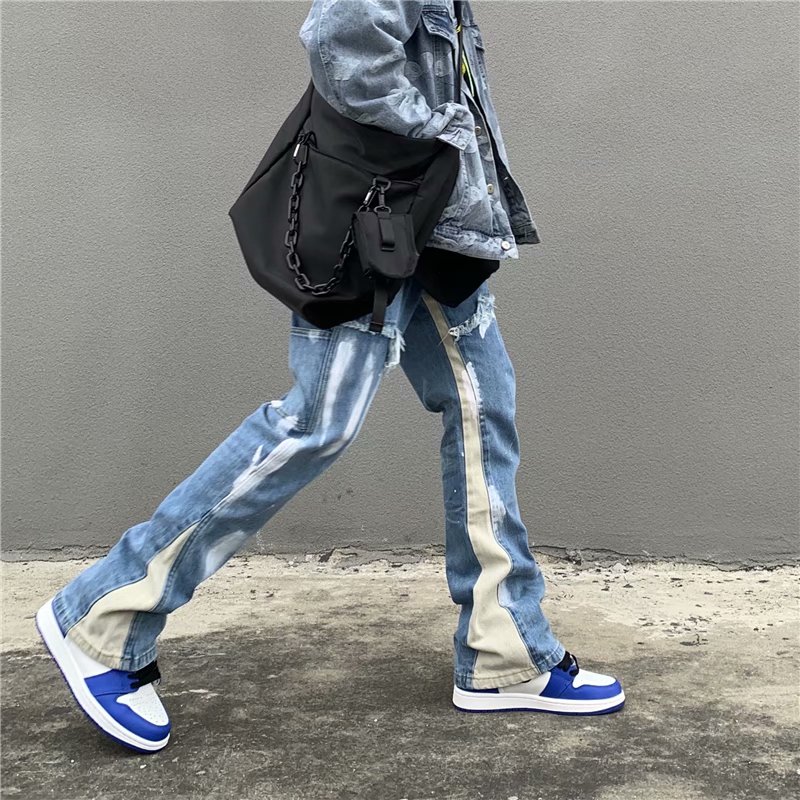 2026 Y2K パッチワーク洗浄ブルーだぶだぶのフレアジーンズパンツ男性服ストレートルーズヴィンテージ古いデニムパンツ Pantalones Hombre