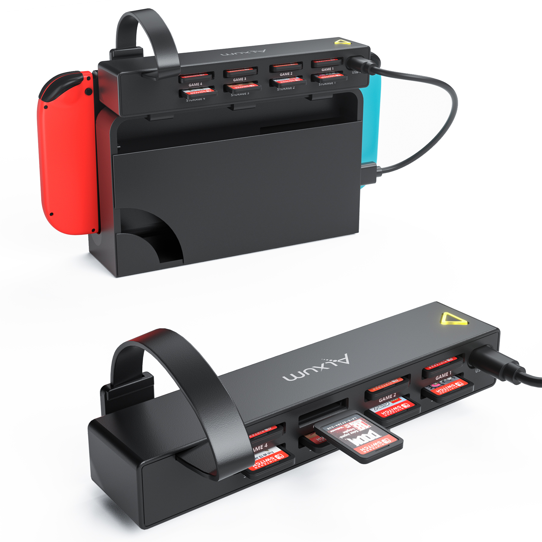 D1100A ゲームカードリーダー Nintendo Switch 用 4-in-1 ゲームカードホルダー クイックワンクリックスイッチャースイッチドック USB 電源付き ブラック