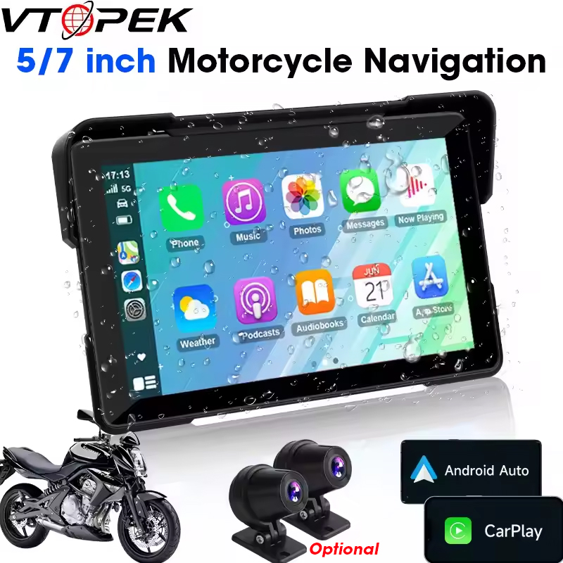 Vtopek 5 "/7" インチオートバイ DVR GPS ナビゲーションマルチメディアプレーヤーワイヤレス CarPlay Android 自動 IPX7 防水スクリーンレコーダー