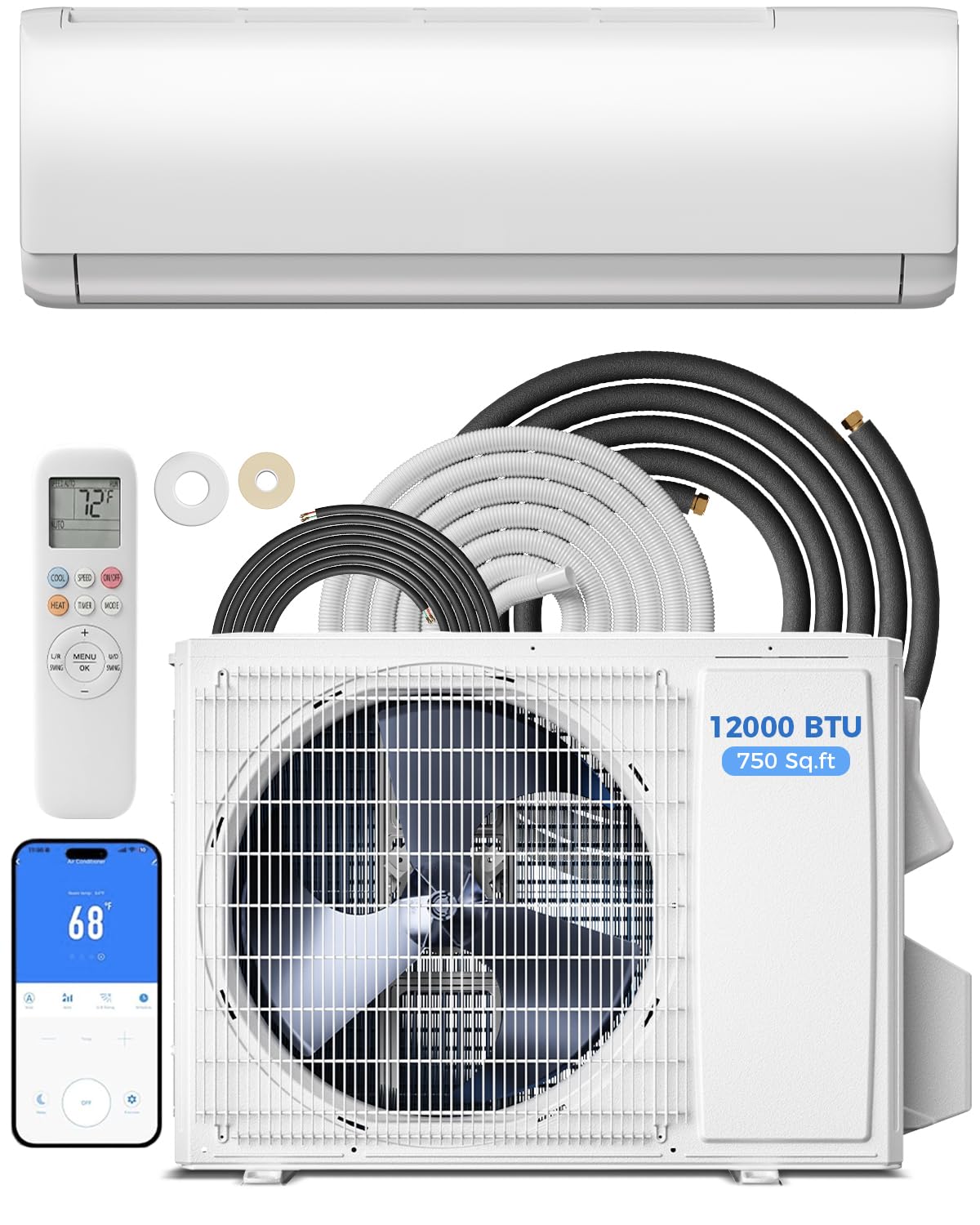 12000 BTU ミニ スプリット AC/暖房システム、22 SEER2 115V、最大 750 平方フィートの部屋を冷却、エアコン設置付き、カスタム
